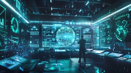 A futuristic scene of a data analyst at a workstation with holographic screens and digital data, symbolizing advanced technology.
