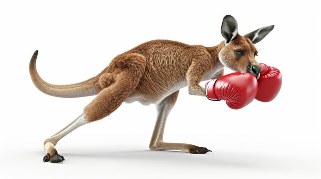 Boxing Kangaroo in Red Gloves on White Background