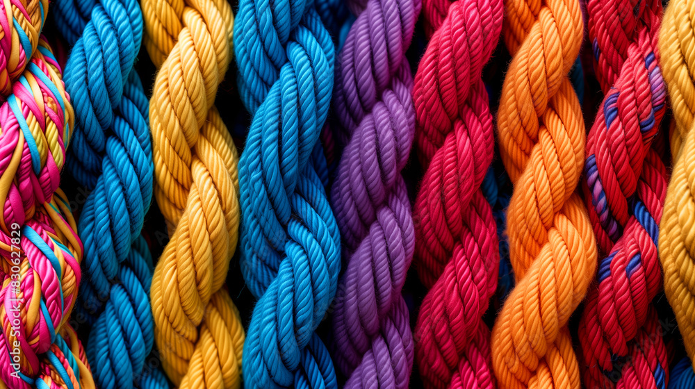 Poster a row of colorful ropes are displayed in a store. the colors are bright and vibrant. the ropes are a