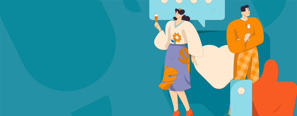 Virtual characters social communication concept business flat vector hand drawn illustration
