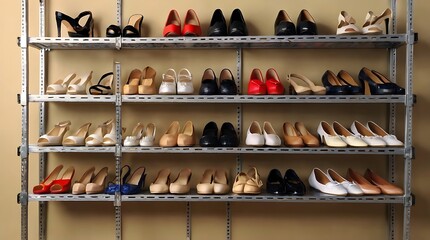  metal shelves lined with women's high heel shoes.