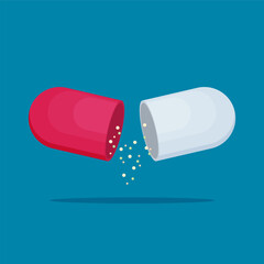 Flat vector open capsule pill isolated on color background