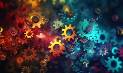 Abstract background with a complex network of colorful cogs and gears.