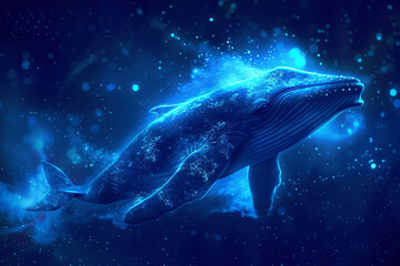 A blue whale is swimming in the ocean. The water is blue and the sky is dark. The whale is surrounded by a lot of stars and the sky is filled with them