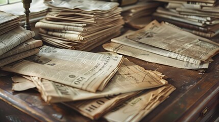 A vintage desk is cluttered with scattered newspapers, their faded pages yellowed with age, their...