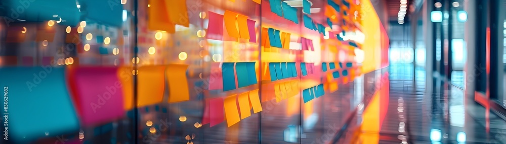 Poster dynamic brainstorming session with vibrant notes on glass walls in a modern office workspace showcas