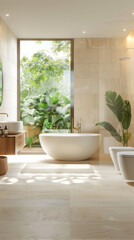 Fototapeta premium Luxurious Modern Bathroom with Natural Light and Lush Green View