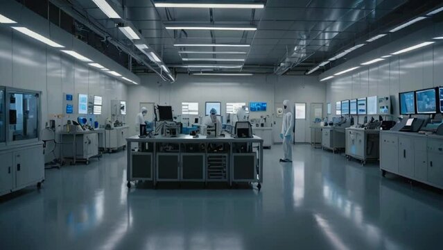A large, modern laboratory with several lab benches, equipment, and scientists in white coats working.