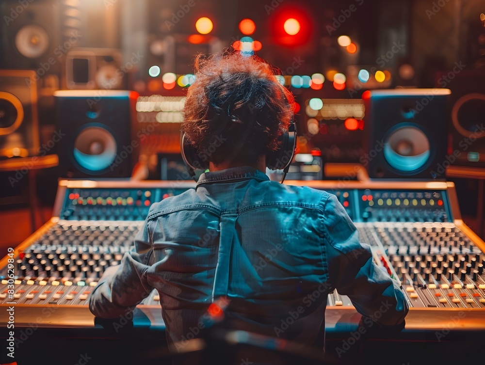 Poster state of the art recording studio scene with sound engineer mixing at advanced console