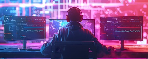 Digital Animator Crafting Vibrant Animations on Futuristic Workstation