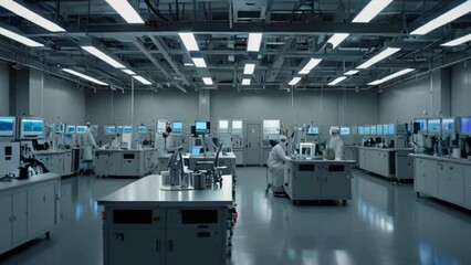 A laboratory with lab benches, computers, and other equipment. There are people in lab coats working in the lab.