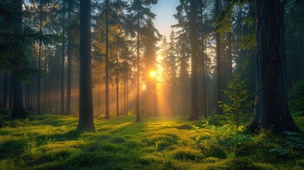 Fototapeta premium Serene Sunlit Forest Scene at Dawn or Dusk