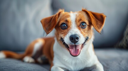 Obraz premium Adorable Brown and White Dog on Gray Couch with Playful Expression
