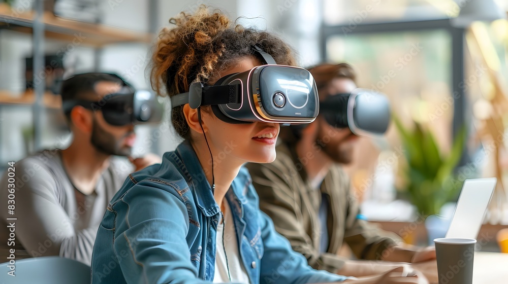 Poster virtual reality business demo with innovative tech team in action for future focused corporate work 
