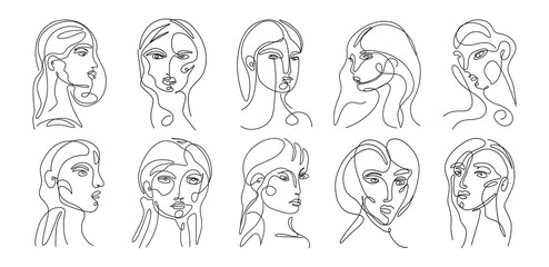 Abstract portraits of women and men. Minimal trendy fashion human face sketches, continuous line art print beauty concept. Vector isolated set