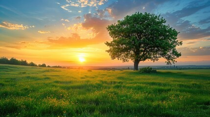 Obraz premium Serene Sunset Landscape with Majestic Tree and Vibrant Field