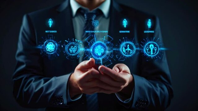 A businessman in a suit and tie is holding a glowing blue orb in the palm of his hands. There are 5 blue icons arranged in a semi-circle around the orb.