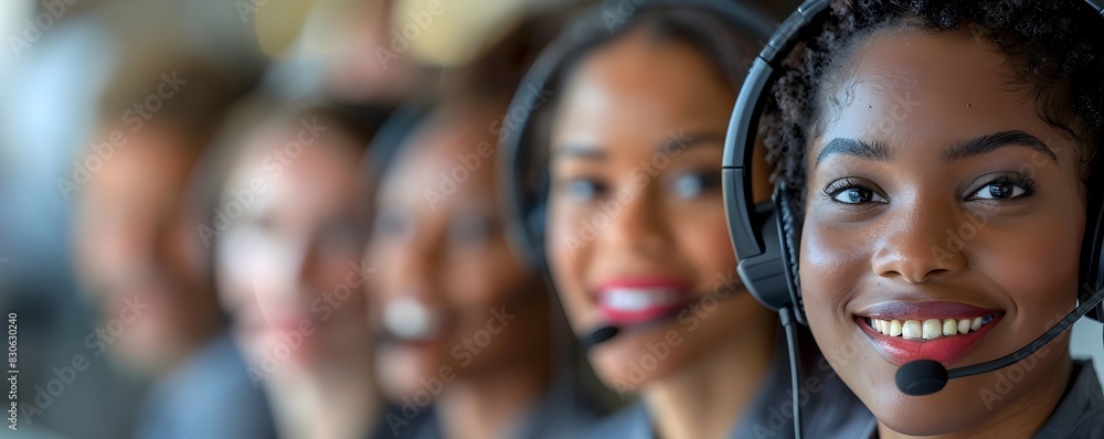 Poster friendly and professional customer service team assisting clients with headsets in a business work s