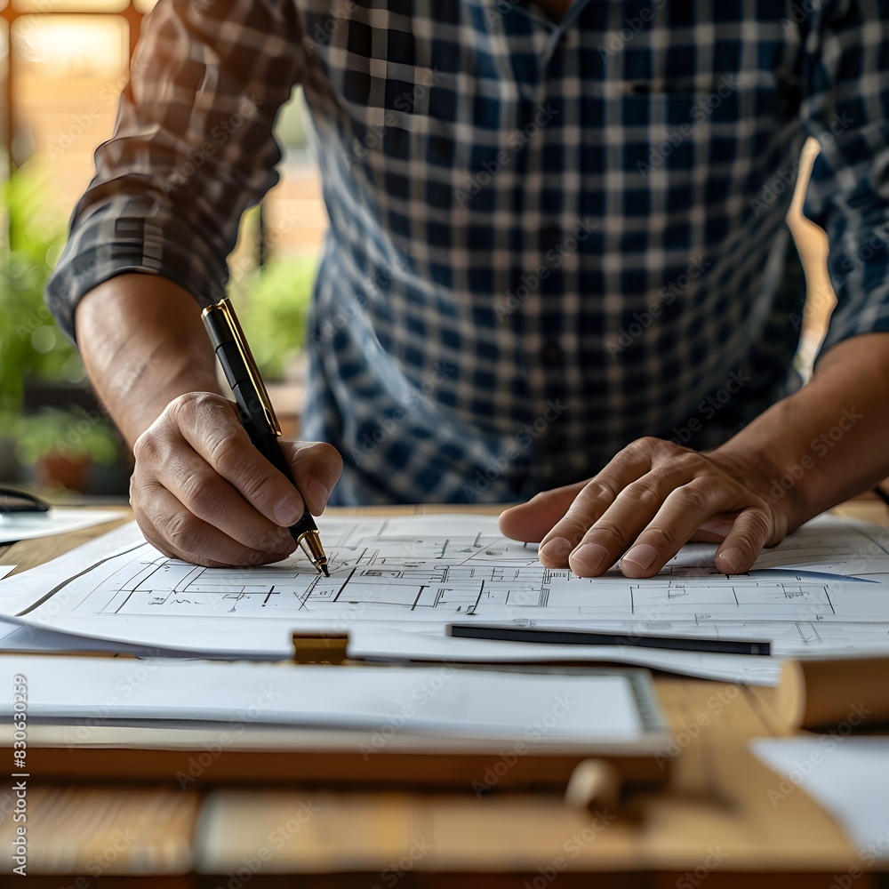 Aufkleber architect reviewing building plans on drafting table precision and design focus