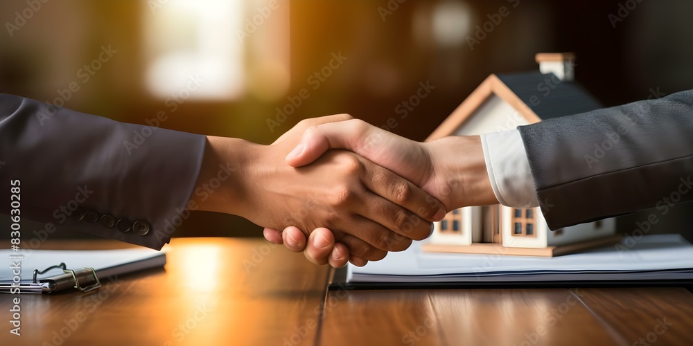 Poster a close-up view of a handshake between a real estate agent and a client with property listings in th