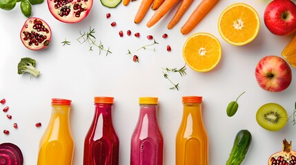 Colorful fresh juice bottles surrounded by fruits and vegetables. Vibrant colors beautifully displayed. Perfect for health and lifestyle concepts. AI