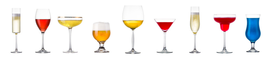 Set of different glasses for drinks and cocktails on white background