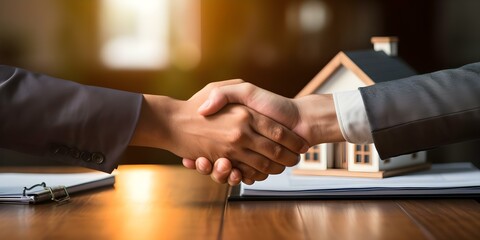 A close-up view of a handshake between a real estate agent and a client with property listings in the background. Concept Real Estate, Handshake, Property Listings, Close-up View, Business Deal