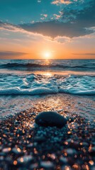 Obraz premium Solitary Rock Amidst Dynamic Ocean and Tranquil Beach Scene