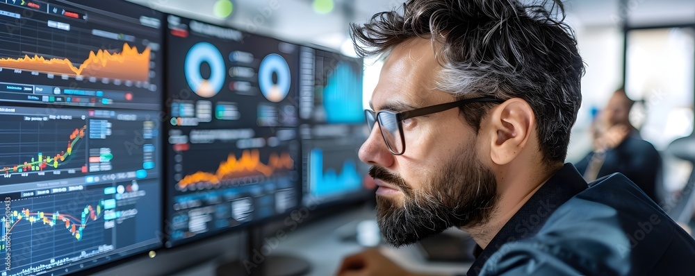 Poster business consultants analyzing workflow data on multiple monitors for process optimization