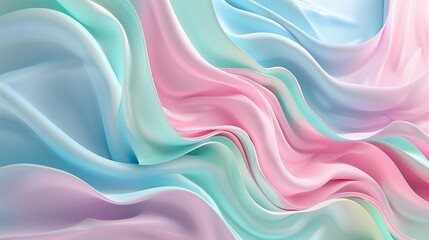 Fototapeta premium An abstract wallpaper featuring a cascade of colorful, wavy stripes in pastel shades of pink, blue, and mint green, forming a soft and soothing visual effect,