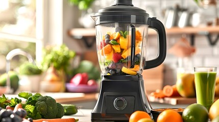 High-quality blender on kitchen counter with fresh fruits and vegetables. Modern kitchen appliance for healthy smoothies and drinks. Bright and vibrant lifestyle image. AI - Powered by Adobe