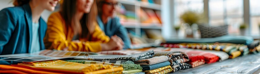 Obraz premium Interior Designer Consulting with Clients on Fabric Swatches and Color Palettes for Creative Home Decor Solutions