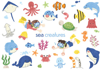 かわいい海の生き物の手描きイラストセット