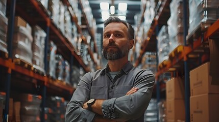Fototapeta premium Focused Logistics Manager Overseeing Warehouse Ensuring Efficient Supply Chain and Delivery Processes