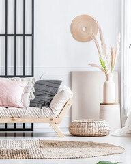 Zen minimalist interiors with pink tones, minimal furniture and natural decor.