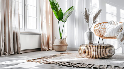 Zen minimalist interiors with pink tones, minimal furniture and natural decor.