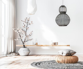 Zen minimalist interiors with pink tones, minimal furniture and natural decor.