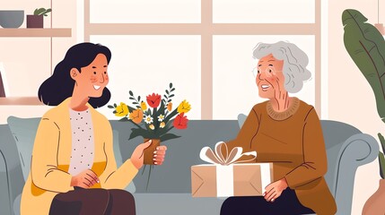 Fototapeta premium Young woman gifts flowers to elderly woman. A gesture of love. Illustration of family bonding and timeless care. Perfect for greeting cards. AI