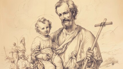 Fototapeta premium St. Joseph Holding Infant Jesus and Carpenter's Tool with Family Scene, Biblical Illustration, Beige Background, Copyspace