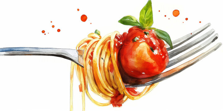 Artistic watercolor illustration of a fork with spaghetti, tomato, and basil. Perfect for Italian cuisine themes and food-related designs.