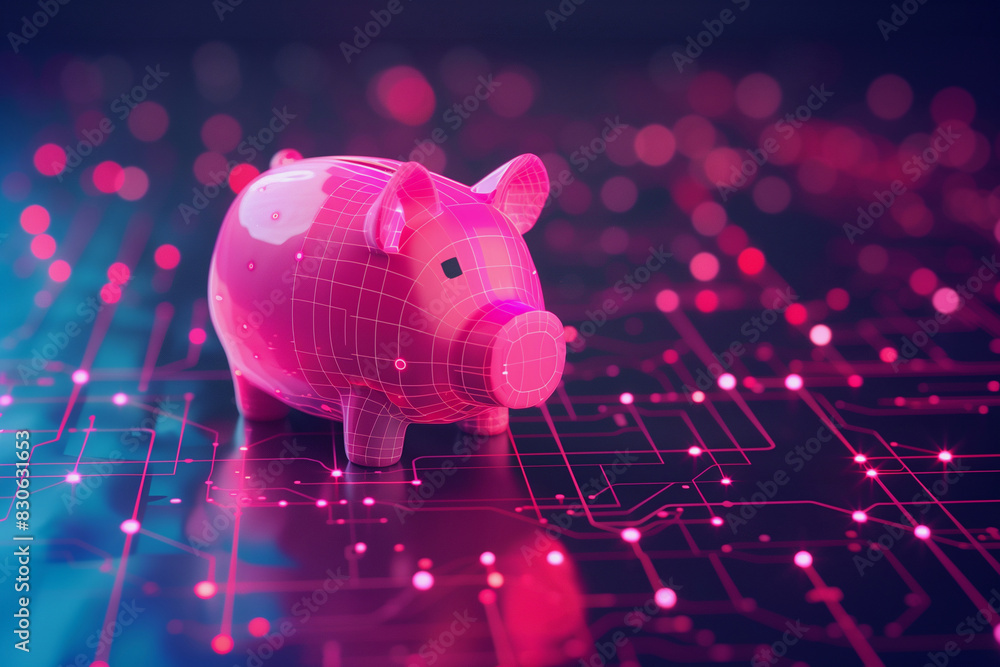 Poster a pig is shown in a digital image with a pink hue. the pig is surrounded by a pattern of dots and li