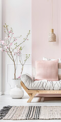 Zen minimalist interiors with pink tones, minimal furniture and natural decor.