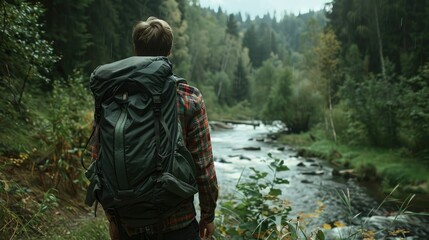 rear view of a tourist young man with a backpack travels through the forest near the river. young man equipped with tourist equipment hiking, lifestyle. active life mode, active rest .AI GENERATION