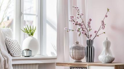 Zen minimalist interiors with pink tones, minimal furniture and natural decor.
