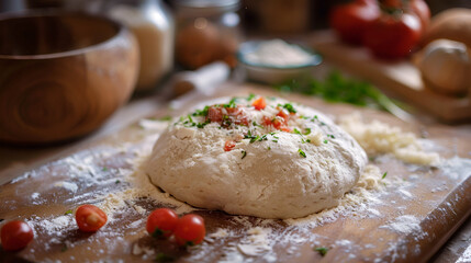 Raw dough preparation or pizza with ingredient: tomato sauce, mozzarella, tomatoes, basil, olive...