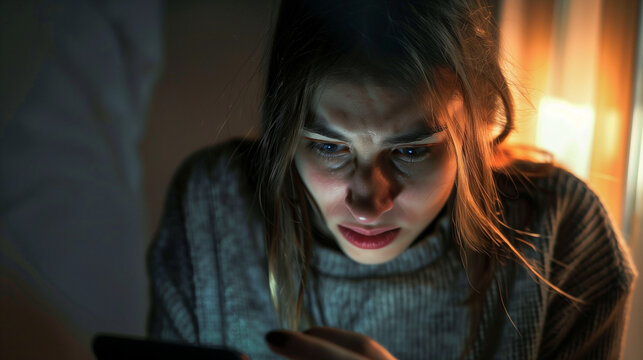 A young white woman or teen looks at her cellphone or mobile in panic, lit by the screen, she is stressed and worried, revenge porn, cybercrime, landscape n16:9 format with copy space