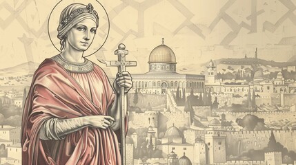 St. Helena of Constantinople Holding True Cross in 4th-Century Jerusalem, Biblical Illustration, Beige Background, Copyspace