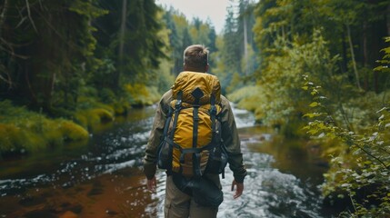 rear view of a tourist young man with a backpack travels through the forest near the river. young man equipped with tourist equipment hiking, lifestyle. active life mode, active rest .AI GENERATION
