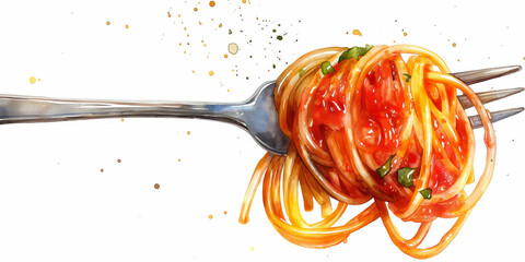 Close-up of a fork with spaghetti and tomato sauce, garnished with herbs, highlighting delicious Italian cuisine and culinary art.