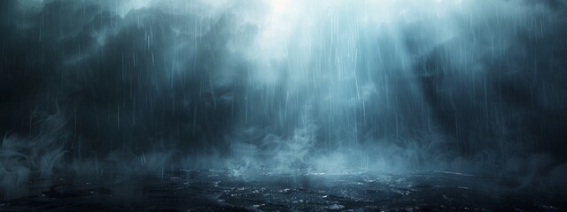 A dark and stormy background with heavy rain pouring down, casting long shadows and obscuring the horizon in a veil of mist.